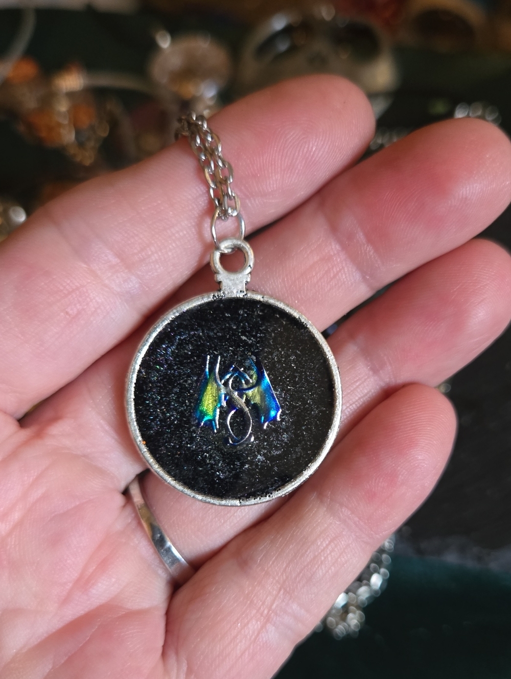 Silver Hand Crafted UV Pendant Necklace, Black Glitter Accent, Iridescent Dragon